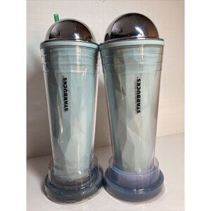 2 Starbucks Blue Chiselled Venti Tumblers 24 Oz Silver Dome and Flat Lid One Str